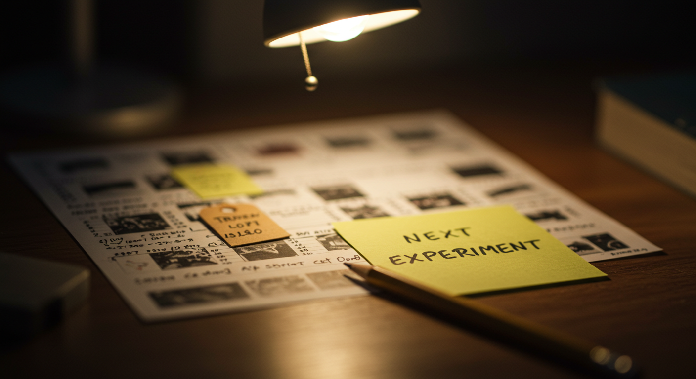 밤 조명의 책상 위에서 미니어처 썸네일 카드와 태그 스티커를 고르며 다음 실험을 메모하는 틸트쉬프트 장면