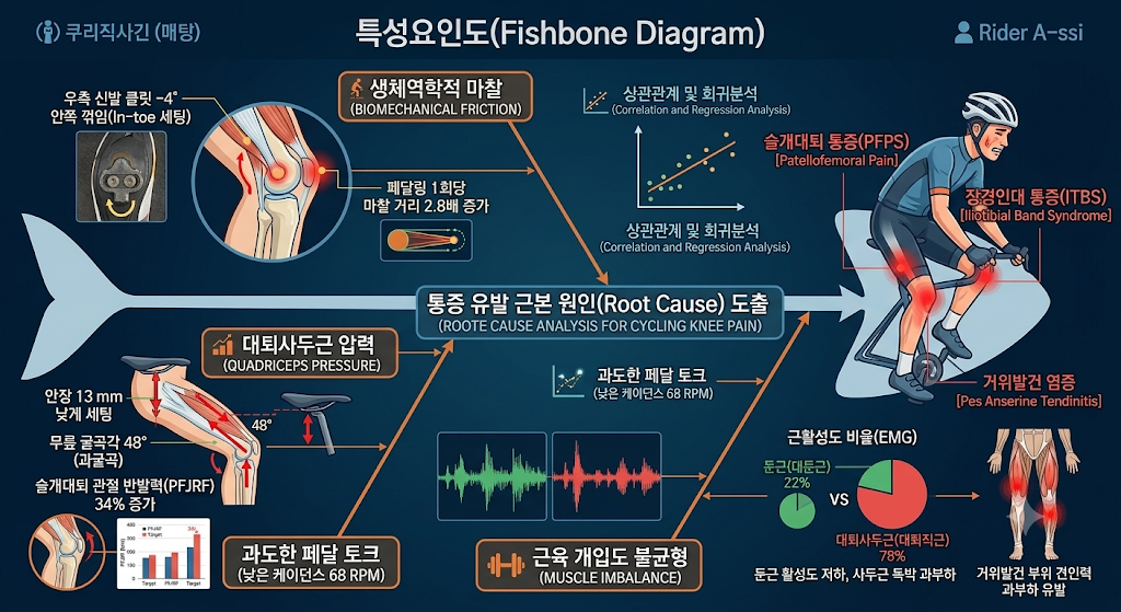 6시그마 피팅 분석 특성요인도(Fishbone): 낮은 안장으로 인한 슬개대퇴 압력 증가, 클릿 비틀림에 따른 장경인대 마찰, 둔근 약화 및 사두근 과사용에 따른 무릎 통증 근본 원인 도출