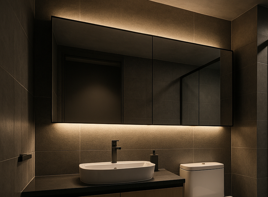 거울 뒤 선형 라이트와 하부 반투명·상부 투명 레이어를 적용한 유리 파티션의 건식 연출.