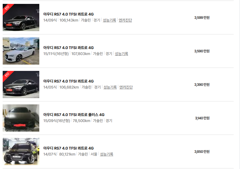 아우디 RS7 중고차 가격 시세표 고속 시내 연비