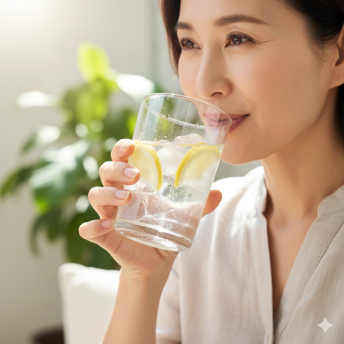 가공 음료 대신 레몬 한 조각을 띄운 시원한 물을 마시는 모습