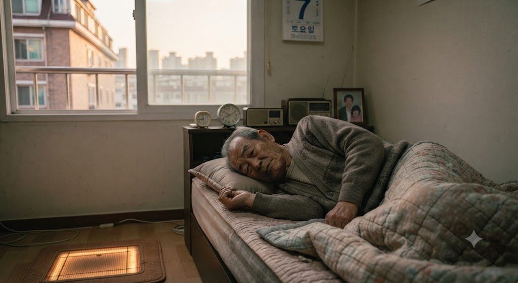 혼자 생활하면서 지내는 노인. 노인맞춤돌봄서비스가 필요함