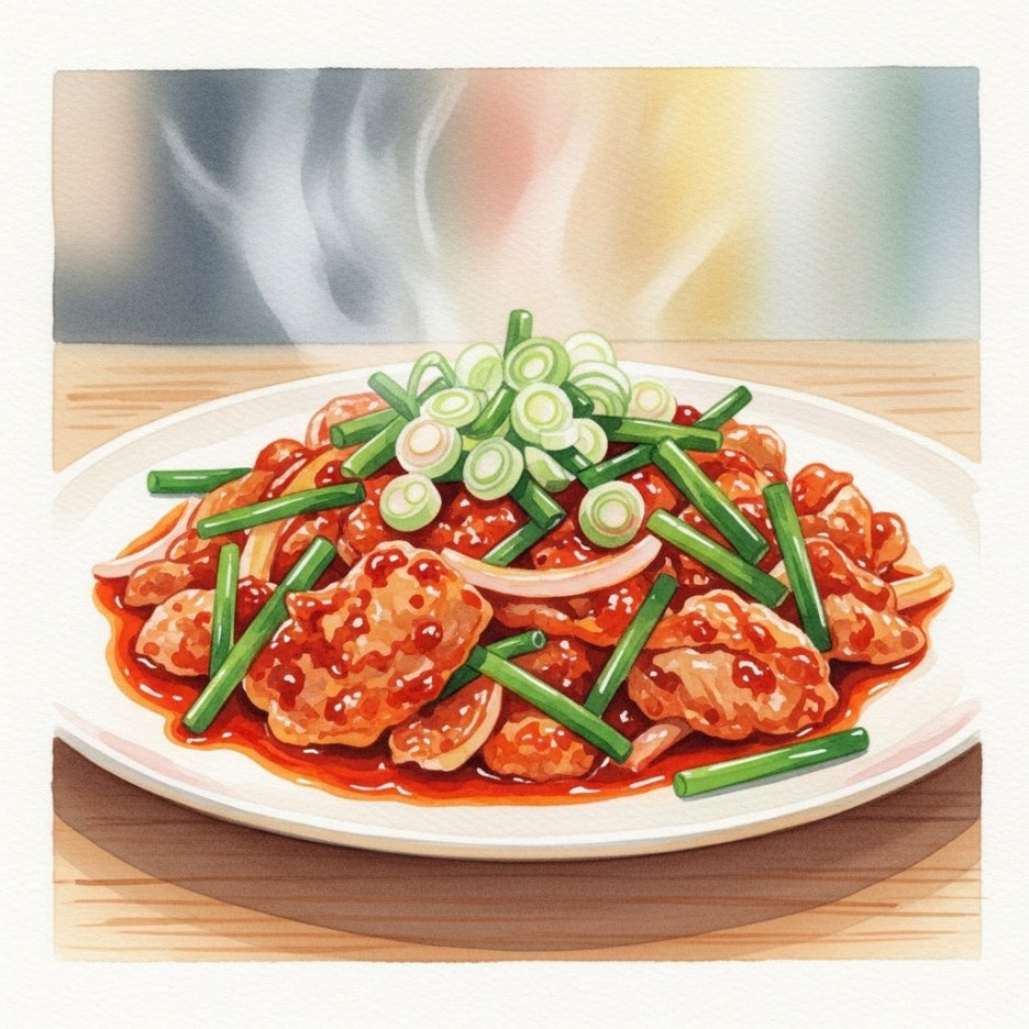 김이 모락모락 나는 먹음직스러운 제육볶음 한 접시