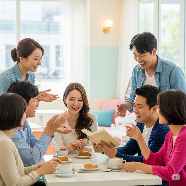 카페에 모여 책에 대한 생각을 나누는 한국인 독서 모임 회원들