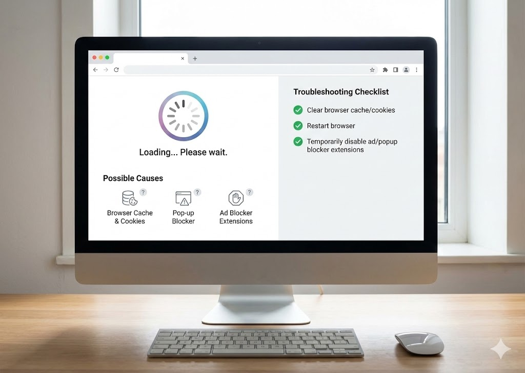 나노바나나 로딩 무한 오류 예시 &mdash; 캐시&middot;쿠키, 팝업 차단, 광고 차단 확장 프로그램 때문에 화면이 넘어가지 않는 문제. 브라우저 캐시 삭제, 재시작, 확장 프로그램 비활성화로 해결 가능.
