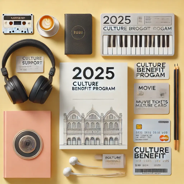 책, 헤드폰, 영화 티켓, 문화카드가 밝은 배경에 정돈된 이미지, 문화누리카드 사용처 표현