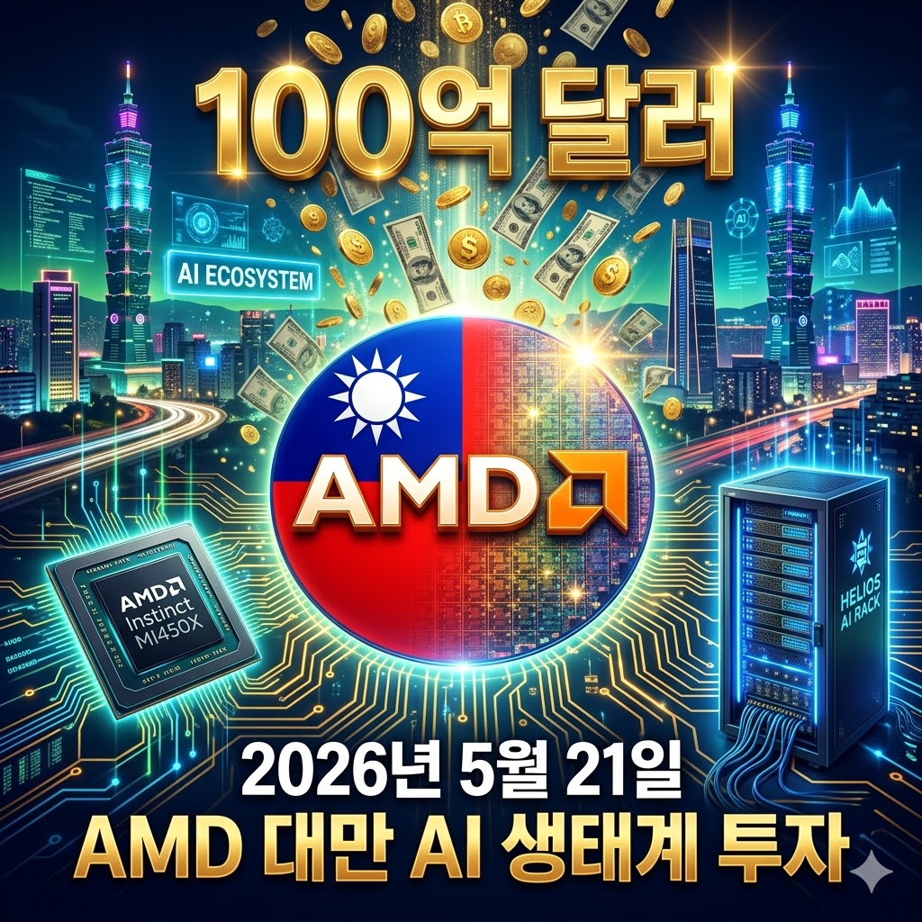 중앙에 AMD 로고와 대만 국기, 반도체 웨이퍼가 강하게 겹쳐진 모습. 배경은 다크 블루와 네온 그린 그라데이션으로 미래 AI 도시 느낌. 상단에 금색으로 “100억 달러” 크게 표시, 하단에 “2026년 5월 21일 AMD 대만 AI 생태계 투자” 한글 텍스트. 헬리오스 AI 랙과 MI450X GPU 칩이 빛나는 효과로 떠오르고, 돈의 폭포와 반도체 회로가 연결된