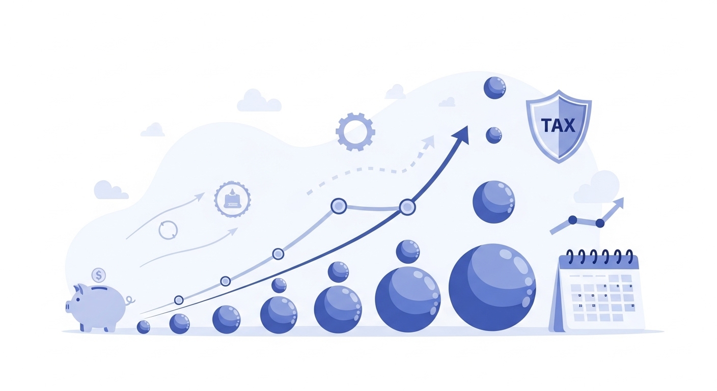 복리 효과와 세금 혜택으로 개인연금이 시간이 지남에 따라 크게 불어나는 과정을 보여주는 추상적인 일러스트