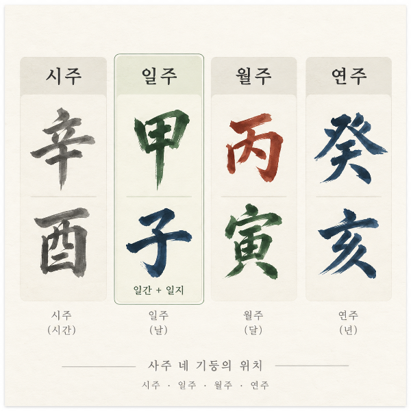 시주·일주·월주·연주 순으로 놓인 사주명식에서 일주의 위치와 일간·일지 구조를 보여주는 구성
