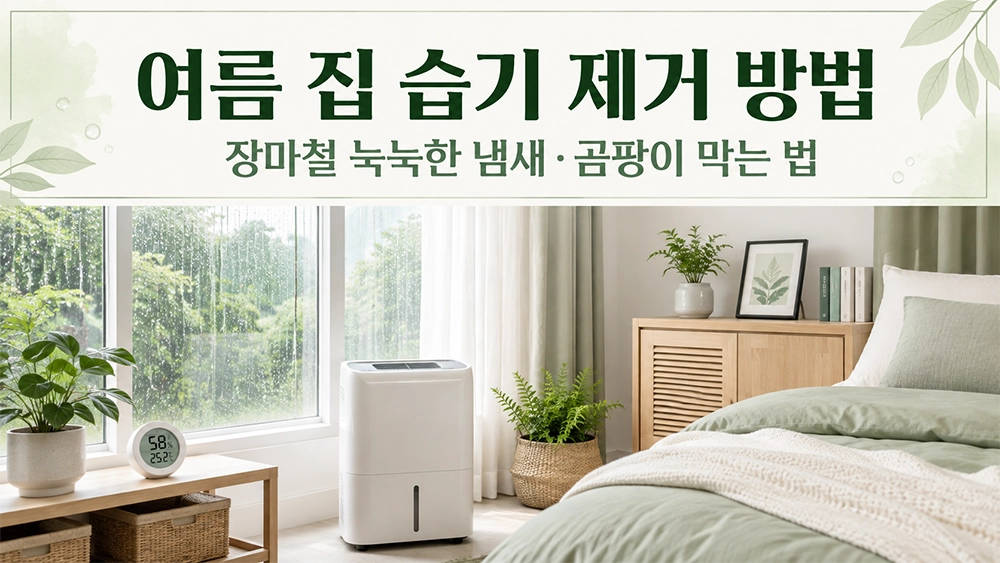 장마철 눅눅한 냄새와 곰팡이를 막기 위해 습도계와 제습기로 여름 집 습기를 관리하는 실내 이미지
