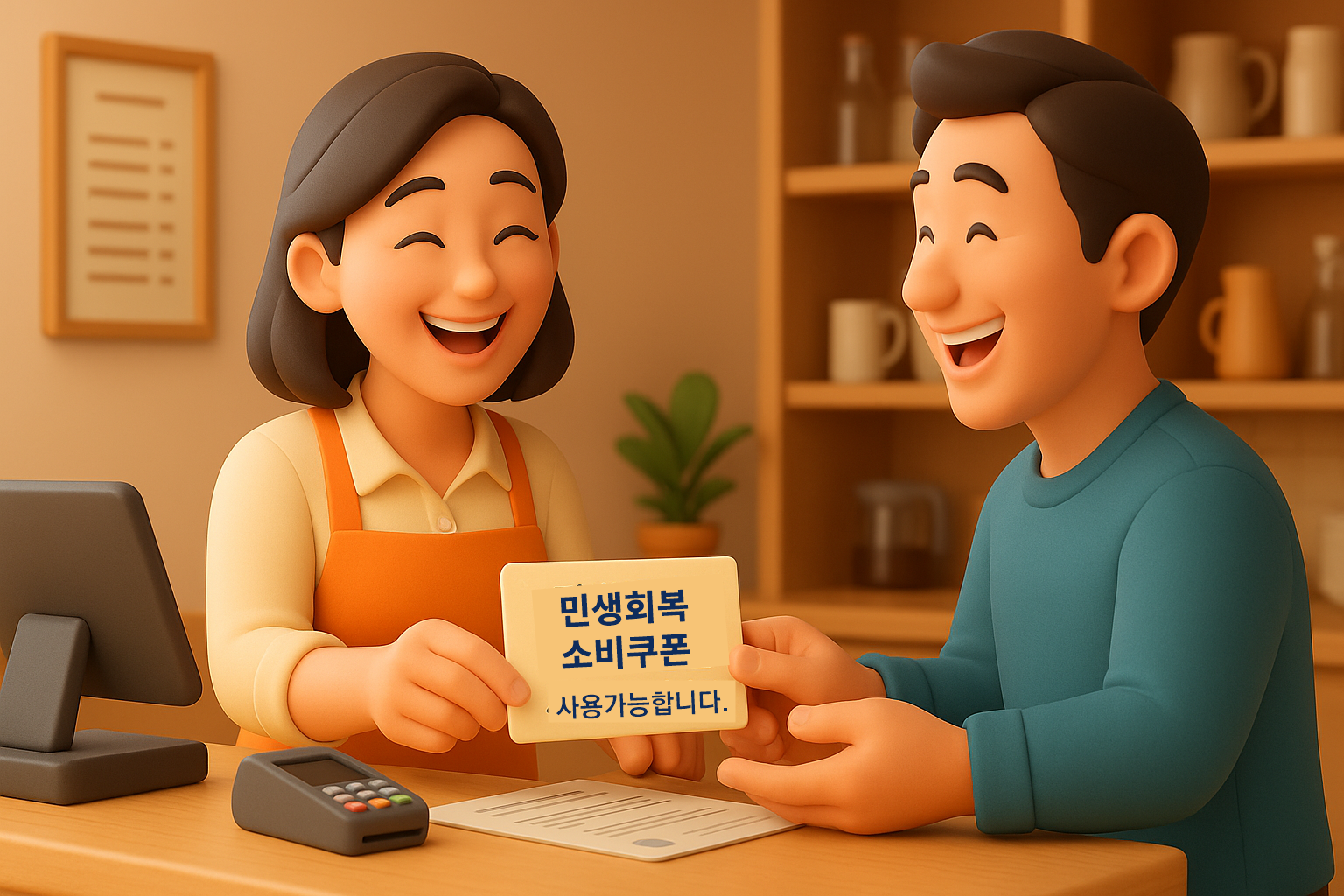 민생회복 소비쿠폰으로 결제하는 손님과 웃는 점주