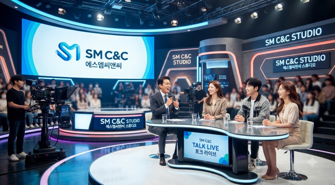 SM C&amp;C 로고와 방송 스튜디오 배경 콘셉트 이미지