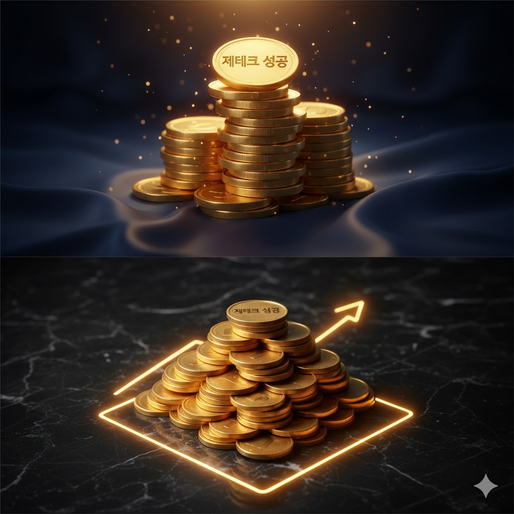 황금빛 동전들이 쌓여 탑을 이루고, 그 위에 '재테크 성공'이라는 글자가 새겨져 있는 모습