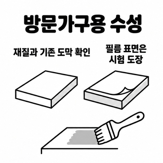 방문가구용 수성페인트 선택 시 재질과 기존 도막을 확인하고 필름 표면에 시험 도장하도록 안내하는 판과 붓 그림