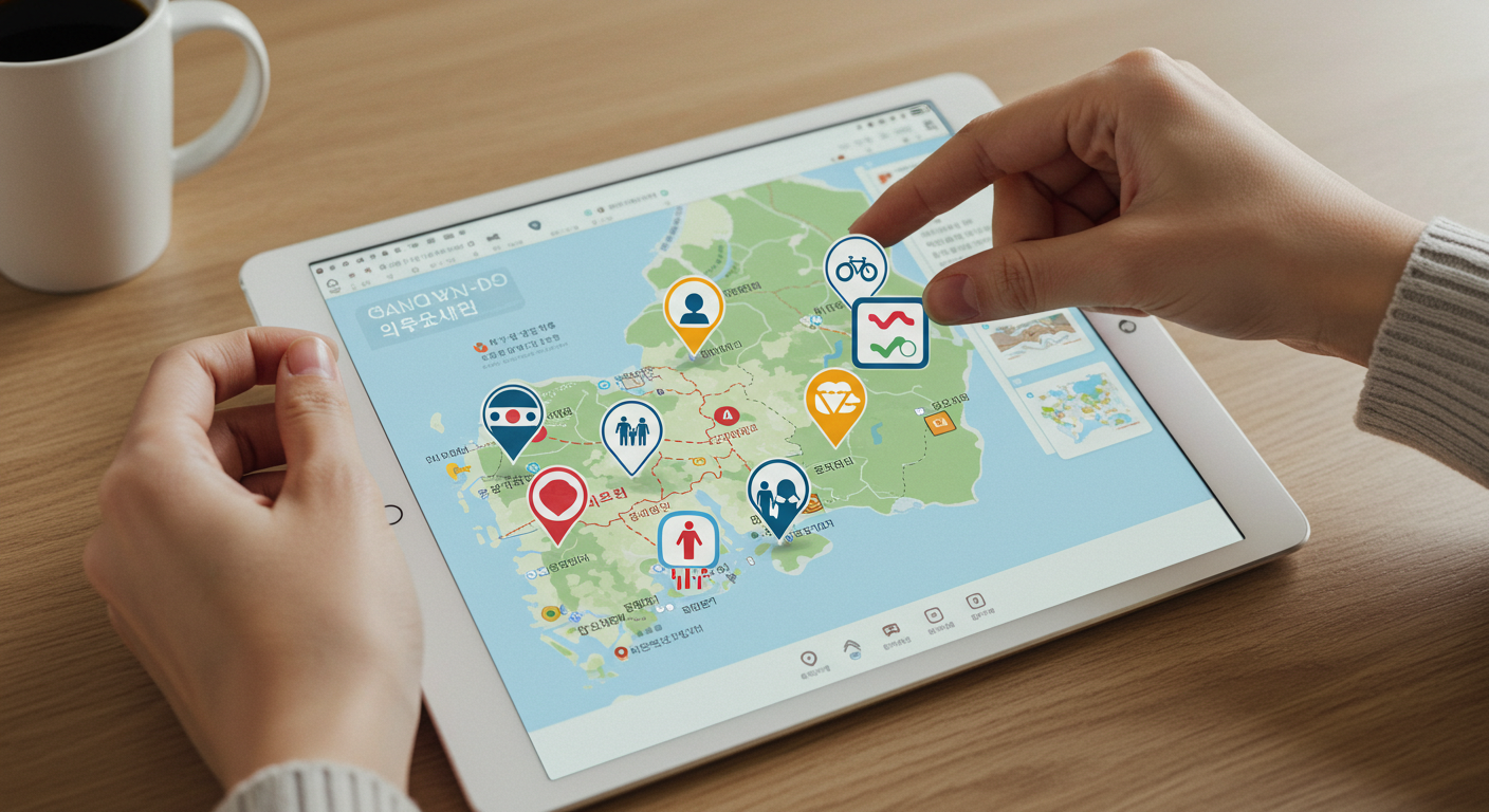 태블릿에서 강원도 지도를 보며 테마별 여행 루트를 계획하는 손.