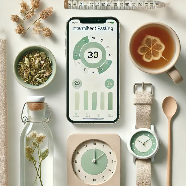 하얀 배경 위에 정리된 간헐적 단식 필수 아이템(앱 인터페이스, 허브티, 물병, 시계)의 전문 스튜디오 촬영 사진