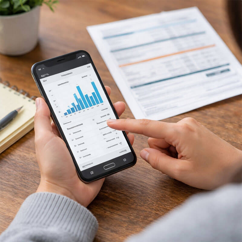 스마트폰이나 전력 사용 화면을 보며 전기 사용 패턴을 확인하는 생활 관리 장면