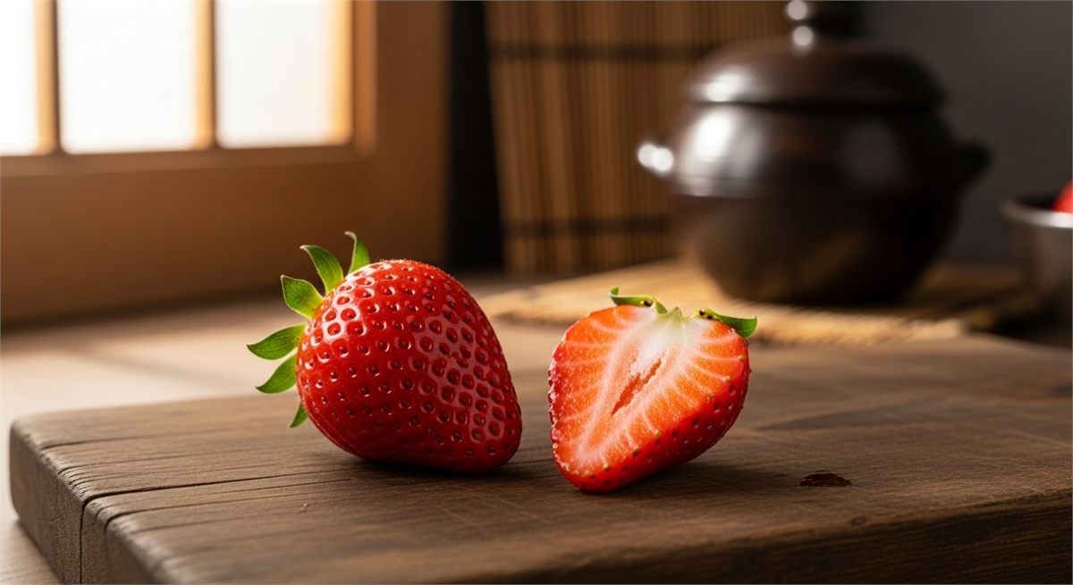 꼭지가 붙은 딸기와 손질된 딸기를 비교한 디테일 장면