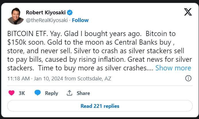 '부자 아빠 가난한 아빠' 로버트 키요사키, 비트코인(BTC) 가격 전망 12만 달러에서 15만 달러로 상향 조정 Robert Kiyosaki Expects Bitcoin Price At $150K Soon, Bets on BTC Halving