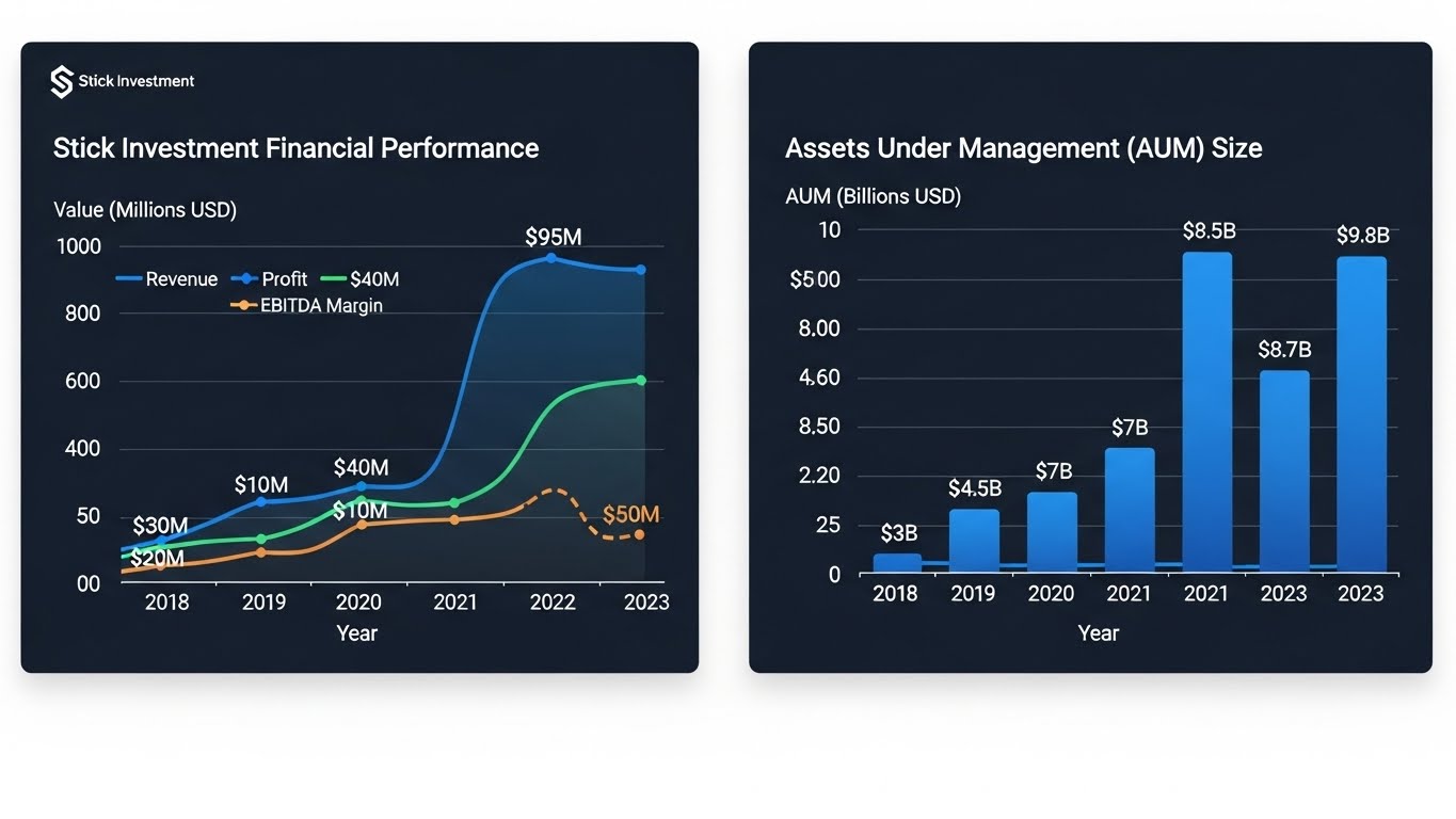 스틱인베스트먼트의 재무 성과 그래프와 운용자산(AUM) 규모를 나타내는 이미지