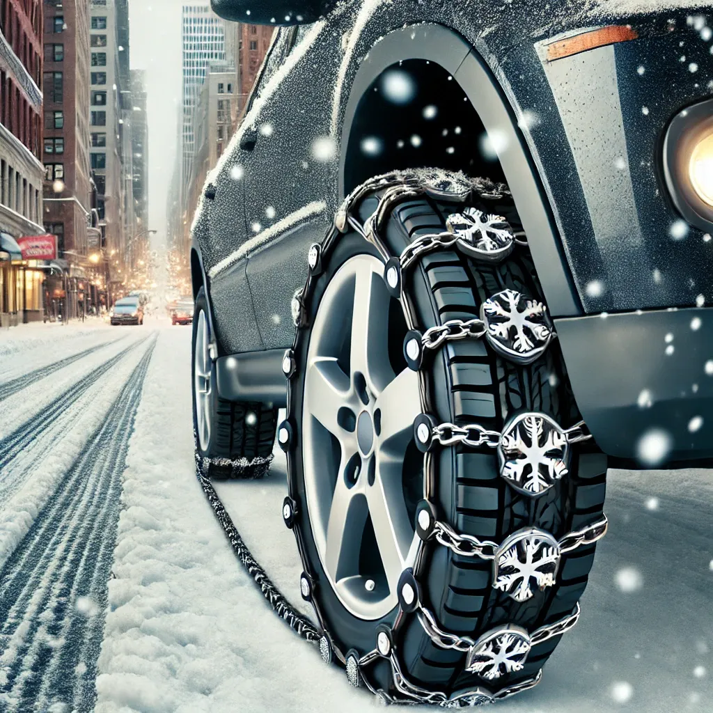 도심 눈길에서 고무/폴리우레탄 체인을 장착한 타이어