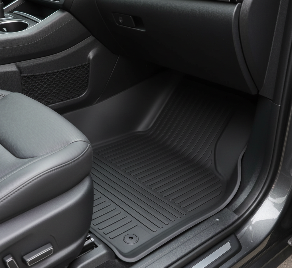 블랙 컬러의 자동차 고무/TPE 매트가 깔린 차량 내부 운전석 바닥면