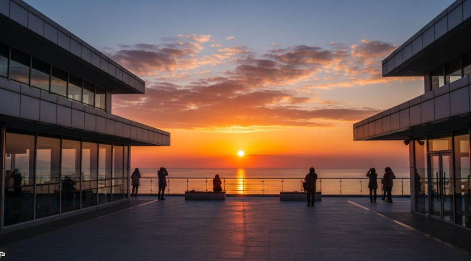 시화나래 휴게소에서 바라보는 바다 지평선 위로 오르는 해