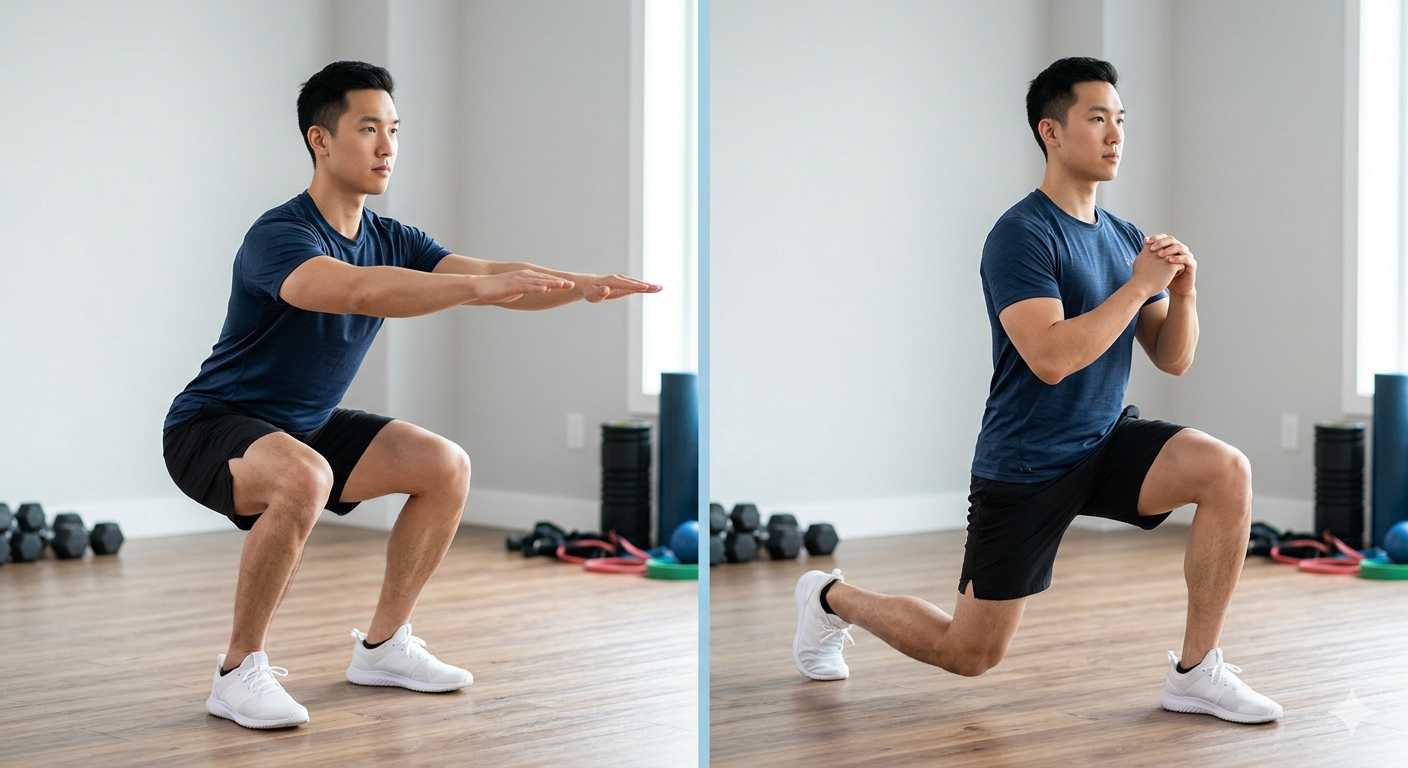 스쿼트와 런지의 바른 자세를 보여주는 이미지