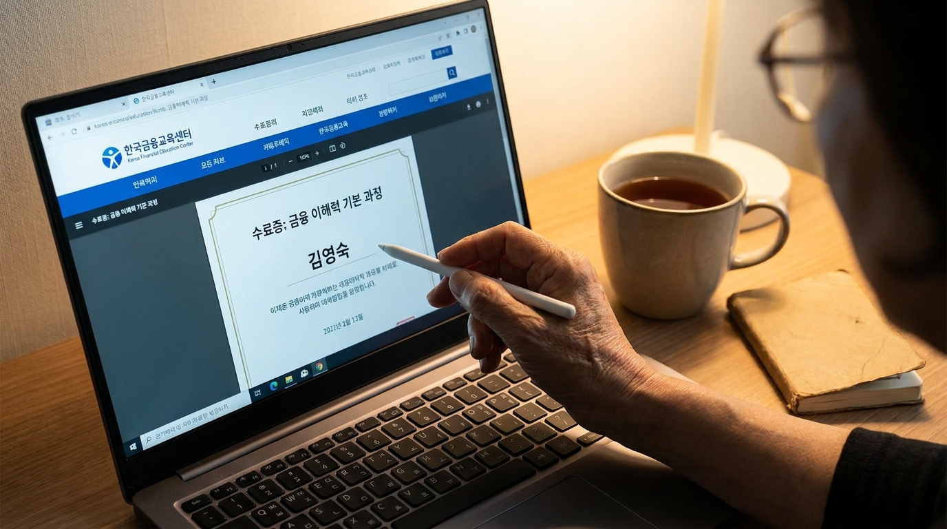 노트북 화면에 띄워진 금융투자교육원 홈페이지의 레버리지 ETF 사전교육 이수증 발급 화면과 이를 확인하는 장년층 투자자의 서재 전경