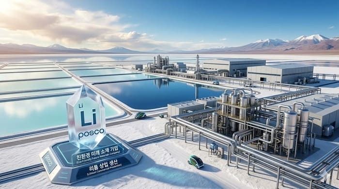 아르헨티나 안데스 고원의 염호를 배경으로 포스코의 리튬 상업 생산 시설
