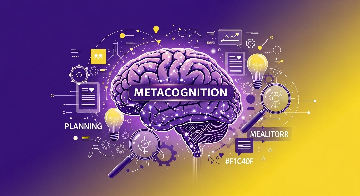 뇌의 뉴런들이 빛나는 추상적인 모습과 주변에 계획, 모니터링, 평가를 상징하는 기어, 전구, 돋보기가 역동적으로 어우러져 메타인지를 시각화한 이미지. 보라색과 노란색 그라데이션.