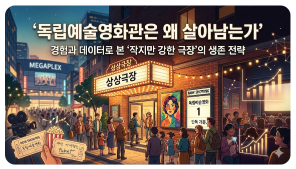바쁜 도시의 메가플렉스와 대비되는, 따뜻하고 아늑한 '상상극장'의 외관을 배치하여 독립영화관만의 특별한 가치를 강조했습니다. '독립예술영화 1'과 같은 독특한 포스터와 영화를 보러 들어가는 다양한 사람들의 모습을 통해 '예술영화 전용관'만의 차별화된 관람 경험을 시각화했습니다. 극장 내부에서 사람들이 영화를 보며 나누는 대화와 웃음을 상징하는 데이터 포인트들과, 우상향하는 티켓 판매량 그래프를 배치하여 데이터가 증명하는 독립영화관의 경쟁력을 직관적으로 보여줍니다.