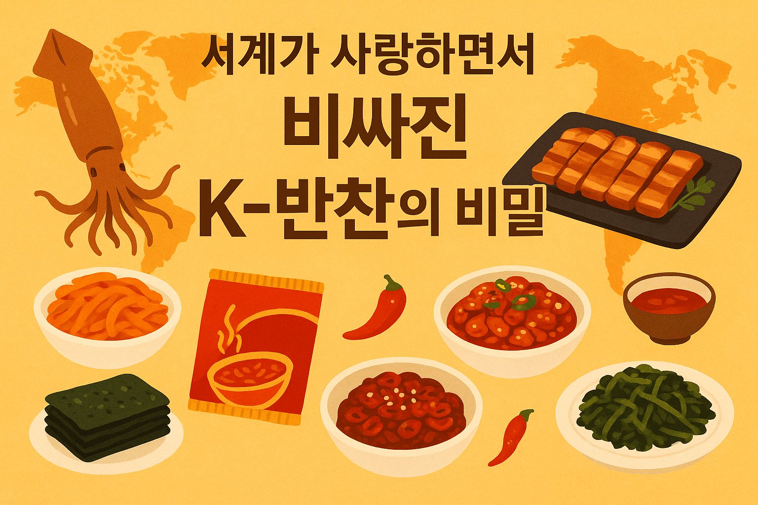 세계화로 인해 가격이 오른 한국 반찬을 상징하는 고퀄리티 배너 이미지, 김, 오징어, 삼겹살 등 K-푸드 아이콘이 식탁 위에 놓여 있는 모습
