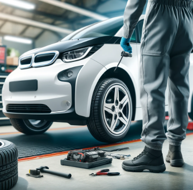 배터리, 타이어 및 기타 필수 부품과 같은 주요 영역에 초점을 맞춰 점검 중인 전기 자동차를 보여줍니다.