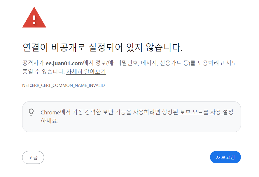 티스토리 개인도메인 보안접속인증서 발급 전 접속시 화면