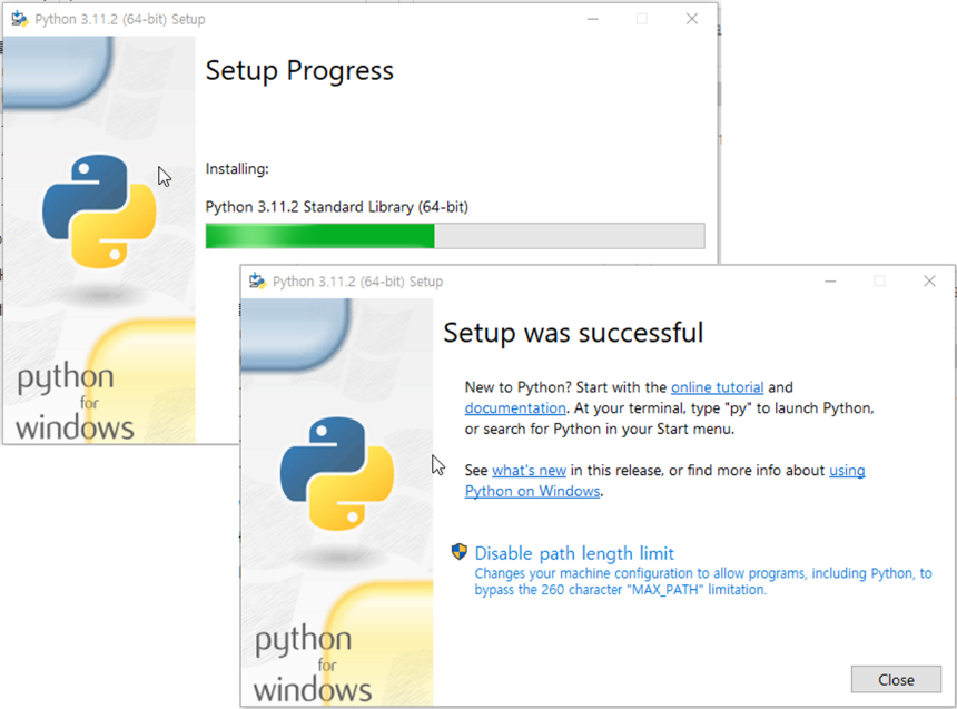 Python 설치진행/완료 화면