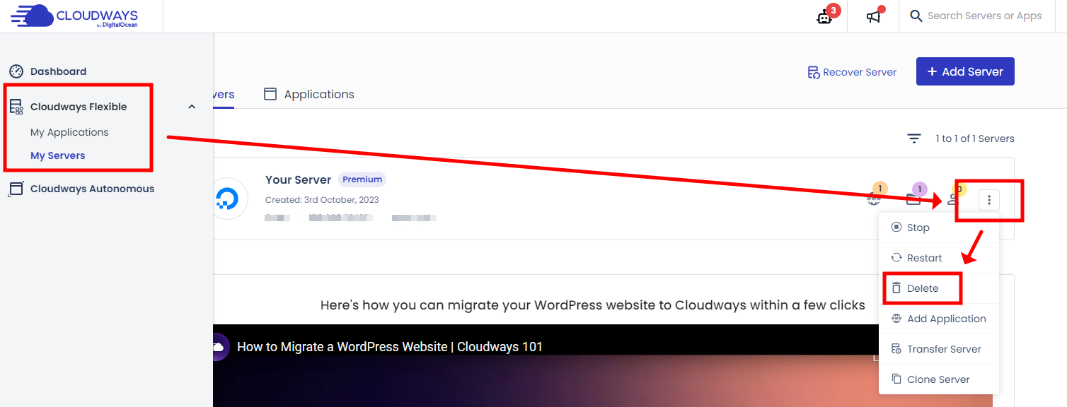 클라우드 웨이즈 Cloud Ways 서버삭제
