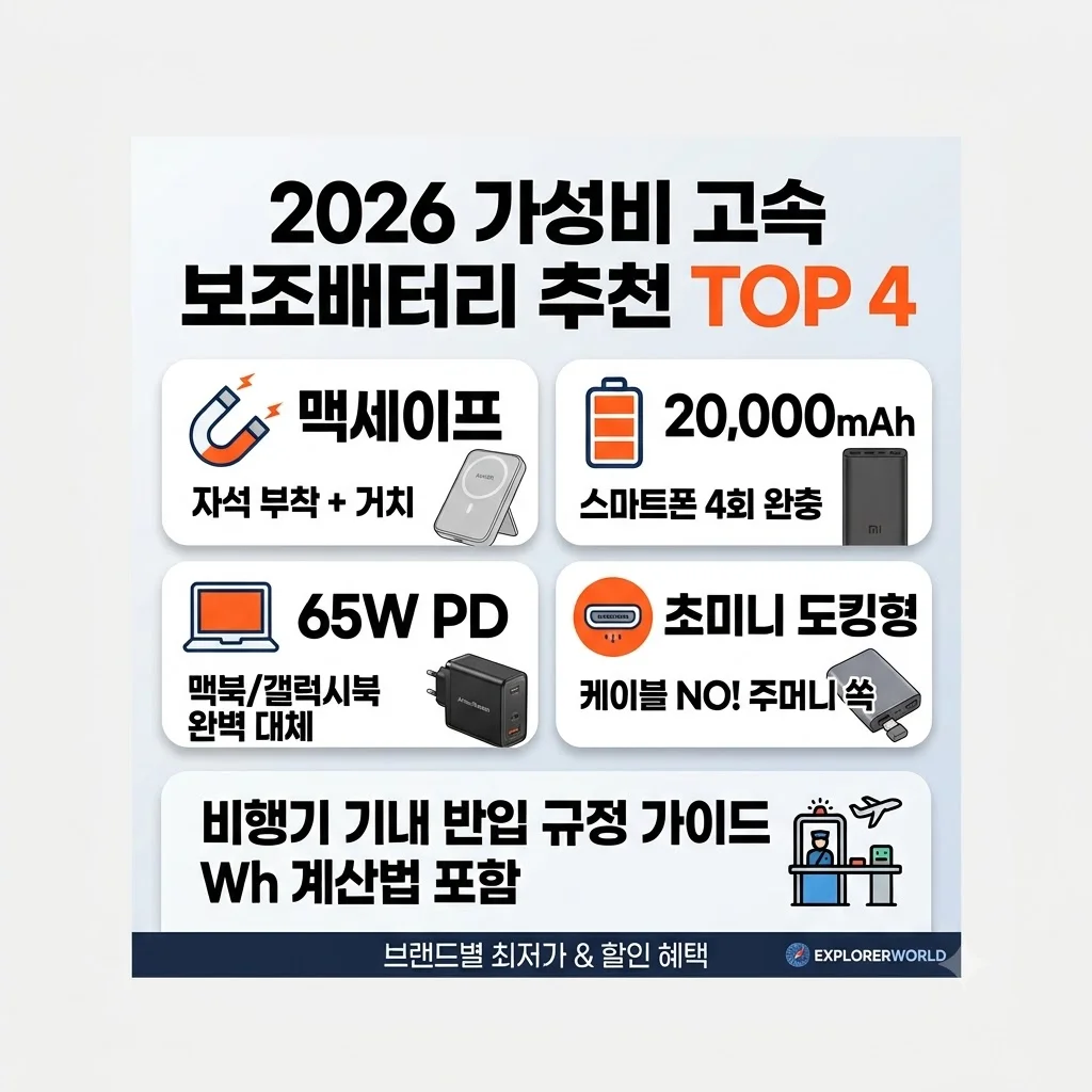 2026 가성비 고속 보조배터리 추천 TOP 4 샤오미 20000mAh 앤커 맥세이프 아트뮤 노트북 PD 미니 도킹형 비교 비행기 기내 반입 기준