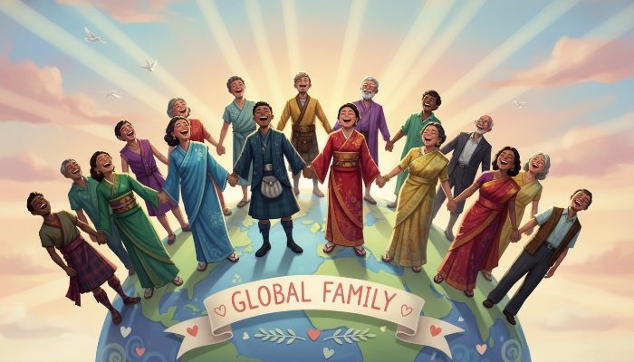 전 세계 다양한 인종과 연령대의 사람들이 함께 손을 잡고 행복하게 웃으며 지구 위에서 화합하는 모습, 2025년 지구 가족의 날의 따뜻한 분위기를 표현.