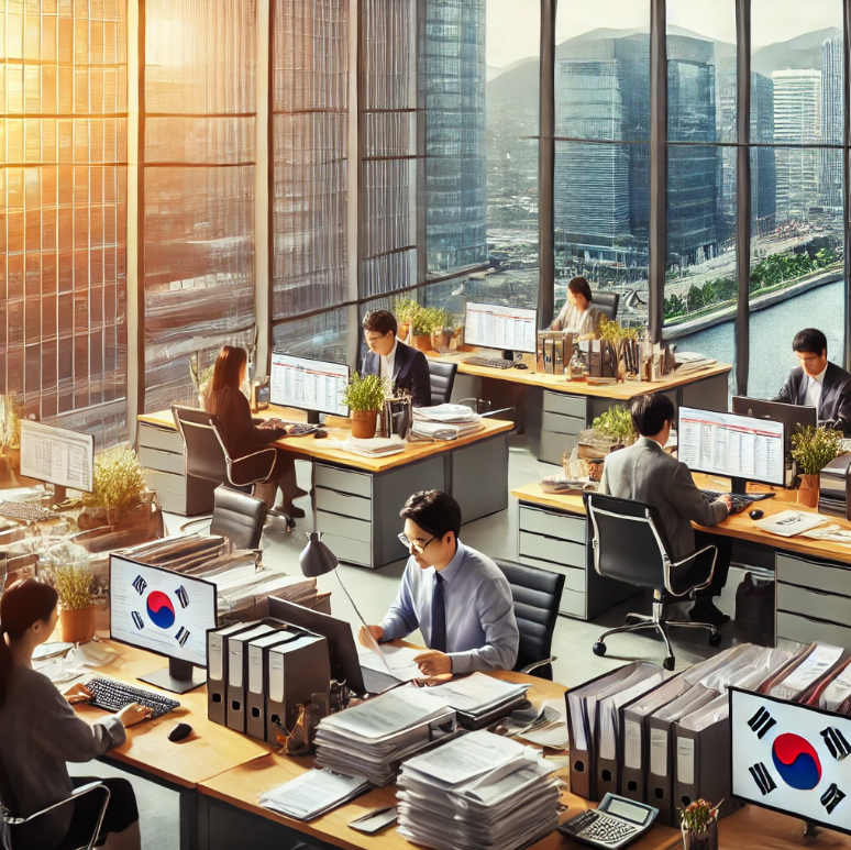 국민연금 업무를 처리하는 한국의 현대적인 사무실