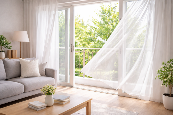 밝은 햇살이 들어오는 거실에서 창문을 열어 환기하는 모습과 바람에 흔들리는 커튼