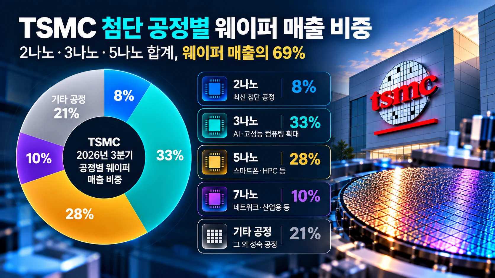TSMC 2026년 3분기 공정별 웨이퍼 매출 비중, 2나노 8%, 3나노 33%, 5나노 28%, 7나노 10%, 기타 공정 21%