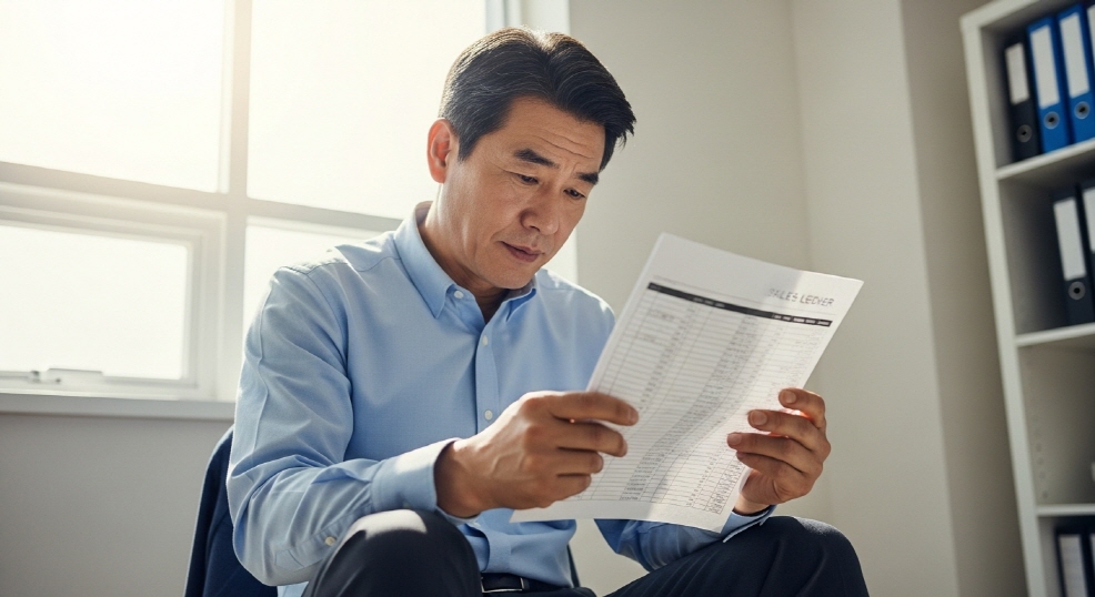 매출 장부를 검토하며 확인 체크하는 중년 남성