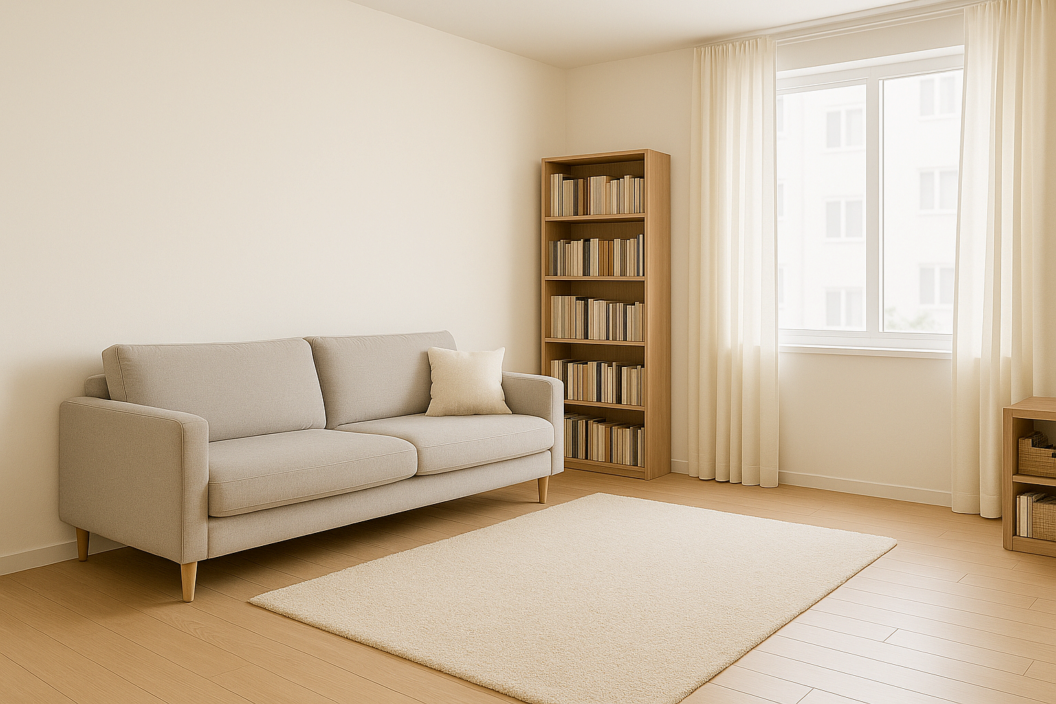 소파와 책장이 벽면에 배치되어 중앙 공간이 넓어진 거실