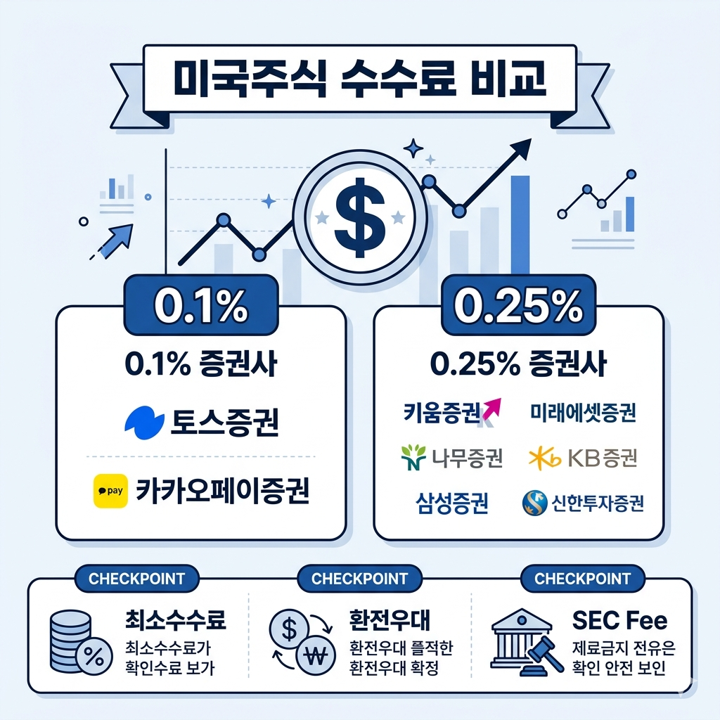 미국주식 국내 증권사 수수료 비교, 키움&middot;미래에셋&middot;나무&middot;KB&middot;삼성&middot;신한&middot;토스&middot;카카오페이 한눈에 보기 인포그래픽