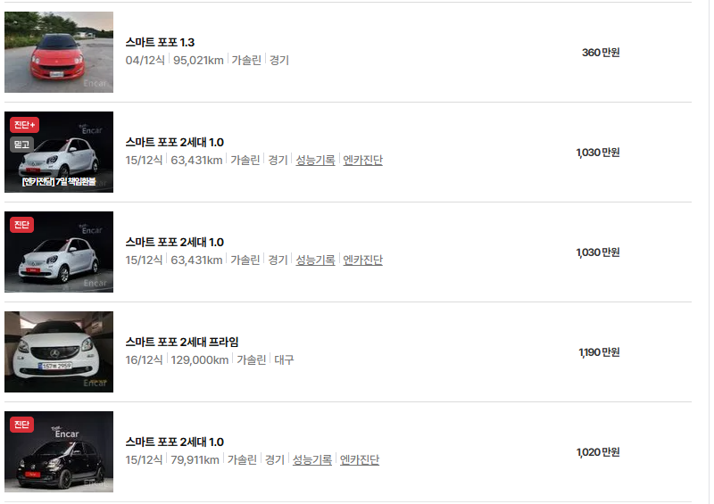 스마트 포포 중고차 가격 시세표 연비