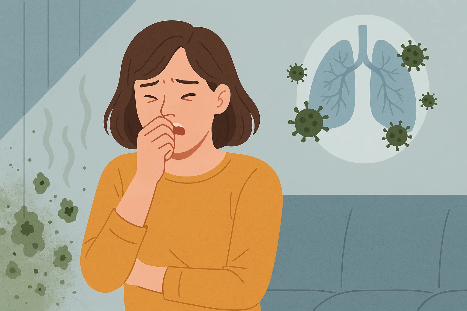 장마철-곰팡이-냄새에-불편해하는-여성의-모습-곰팡이-포자가-호흡기에-들어가-건강에-문제를-일으킬-수-있음을-상징적으로-표현한-장면
