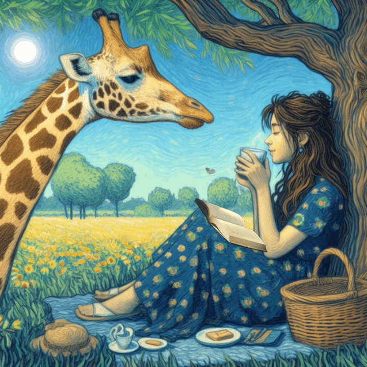 기린과 차 마시고 있는 소녀 그림