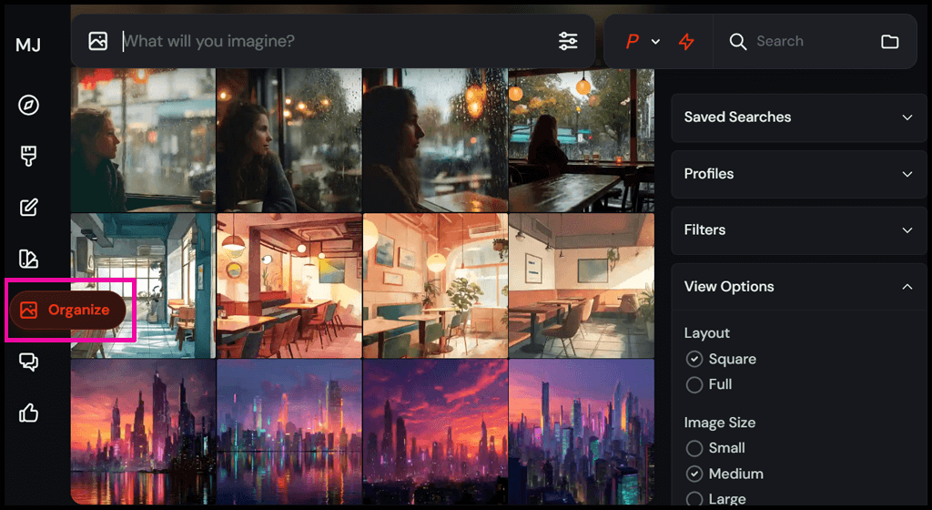 Midjourney 웹사이트 Organize 화면 스크린샷