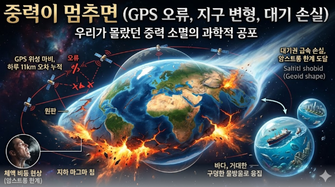 "중력이 멈췄을 때 발생하는 GPS 오류, 지구의 원판형 변형, 대기 손실 현상을 시각화한 과학 블로그 인포그래픽 이미지"